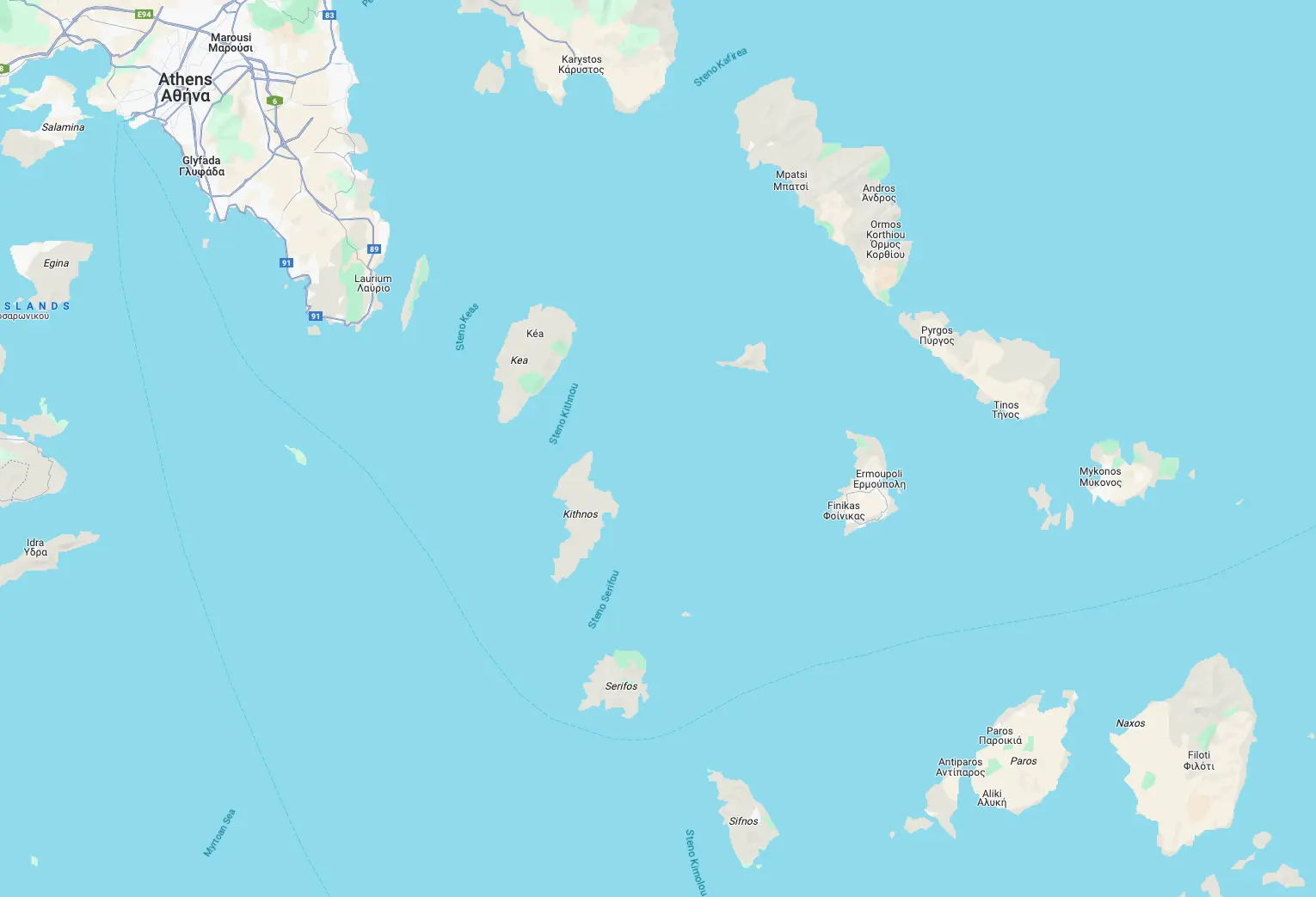 Athens Mykonos Paros Route Map